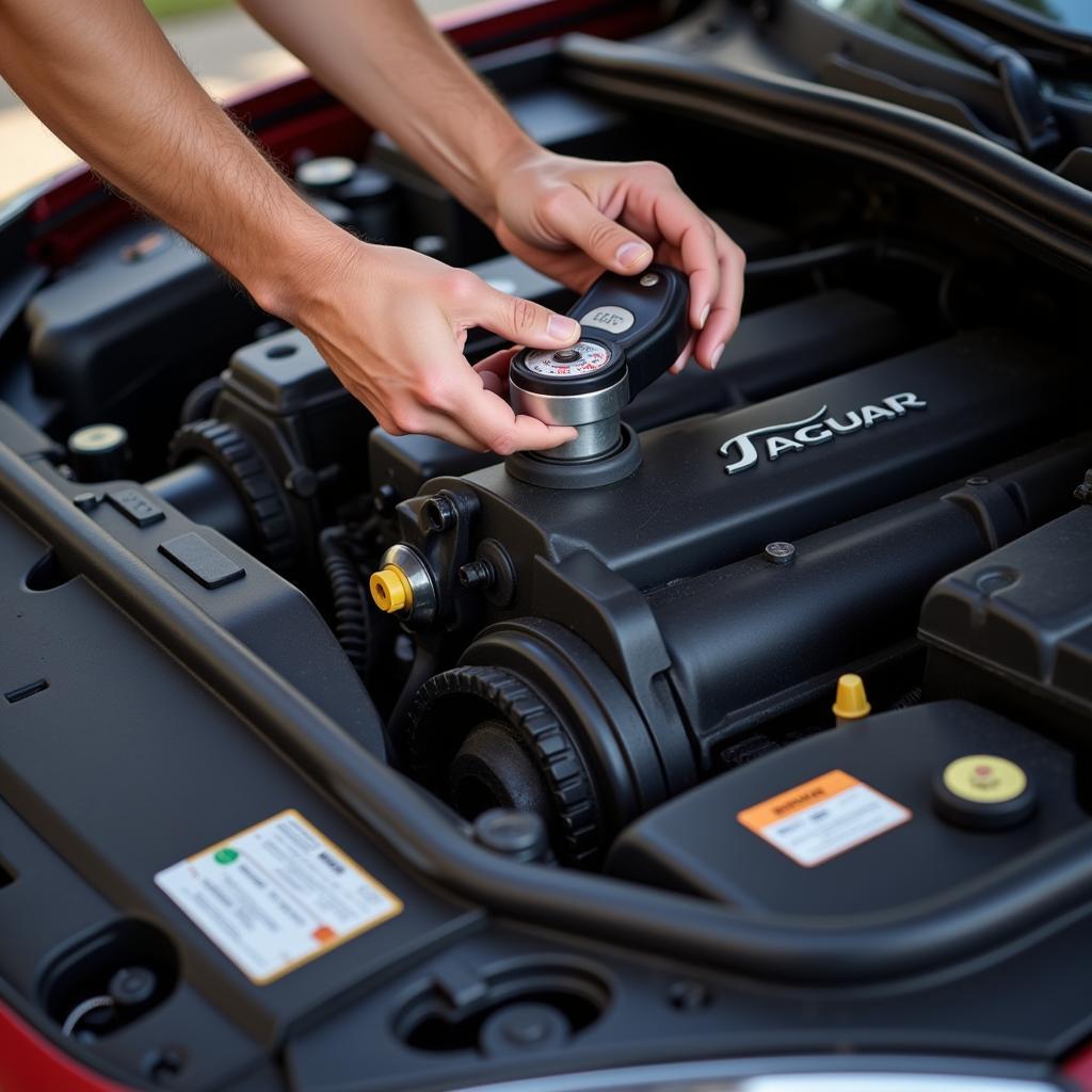 Checking Fluids in a Jaguar Engine Compartment