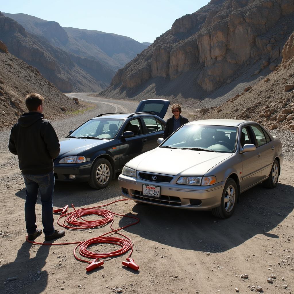 Jump starting a car battery in a quarry