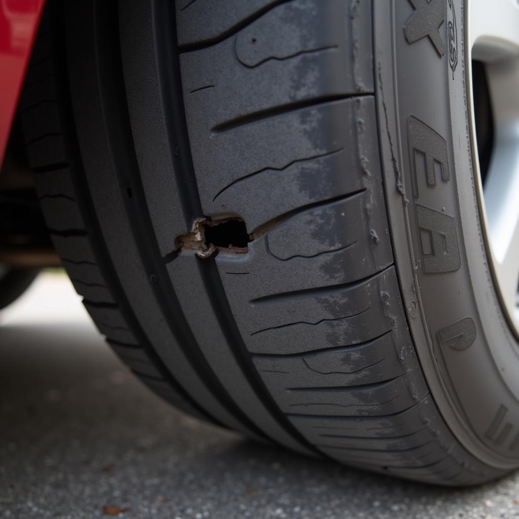 A large puncture in a car tire