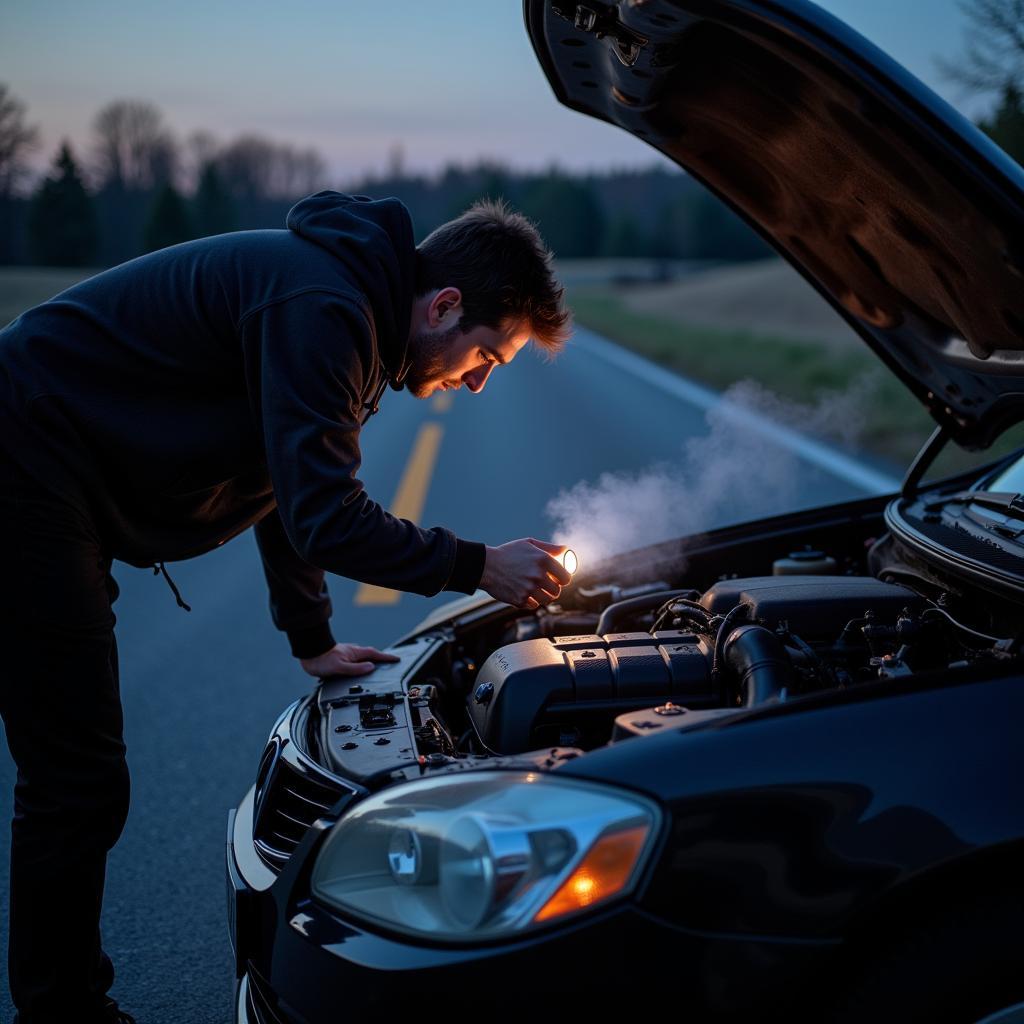 Man checking his car engine after experiencing smoke and roadside breakdown