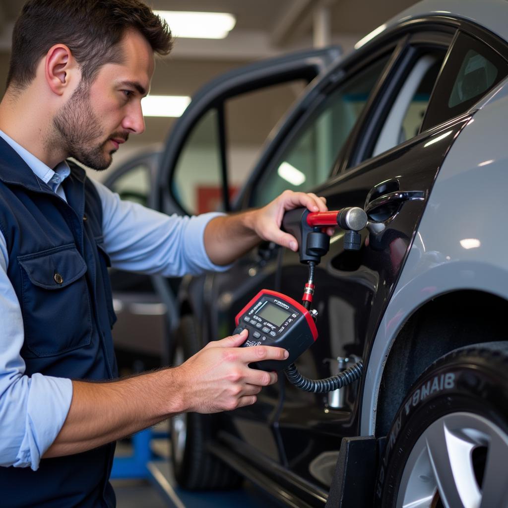 Mechanic Inspecting Car Air Conditioning System