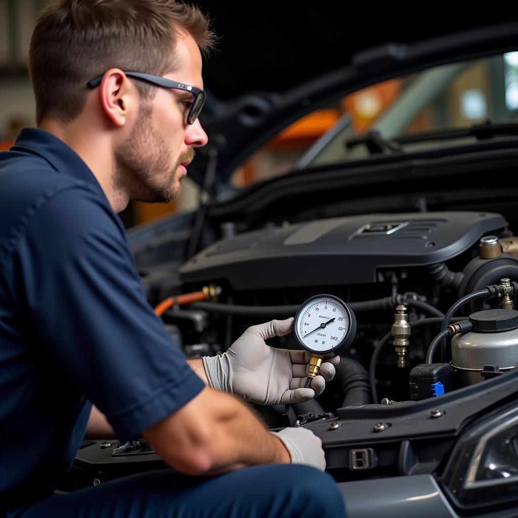 mechanic checking car AC pressure