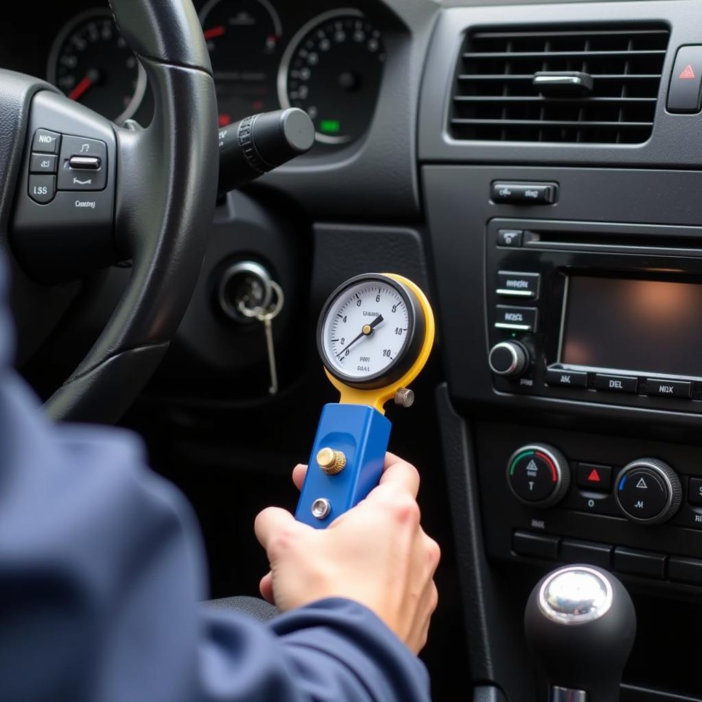 Mechanic checking car AC refrigerant levels