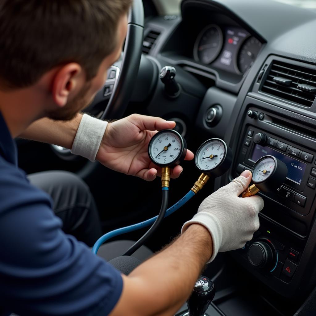 Mechanic Checking a Car's AC System with Gauges