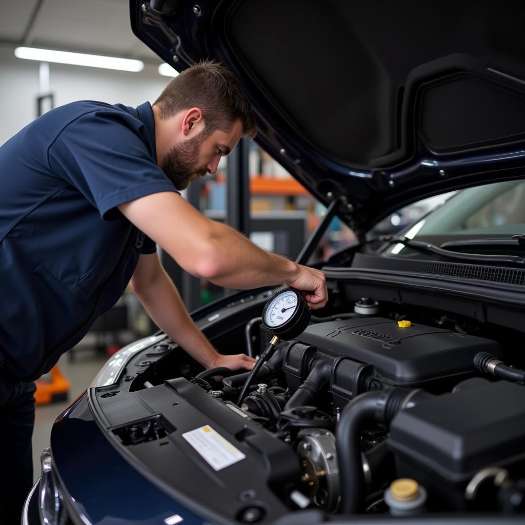 Mechanic Checking Car AC System with Gauges