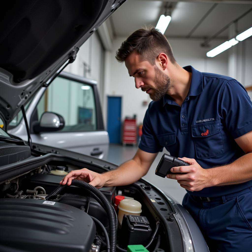 Mechanic using diagnostic tools to check a car engine for uphill driving problems