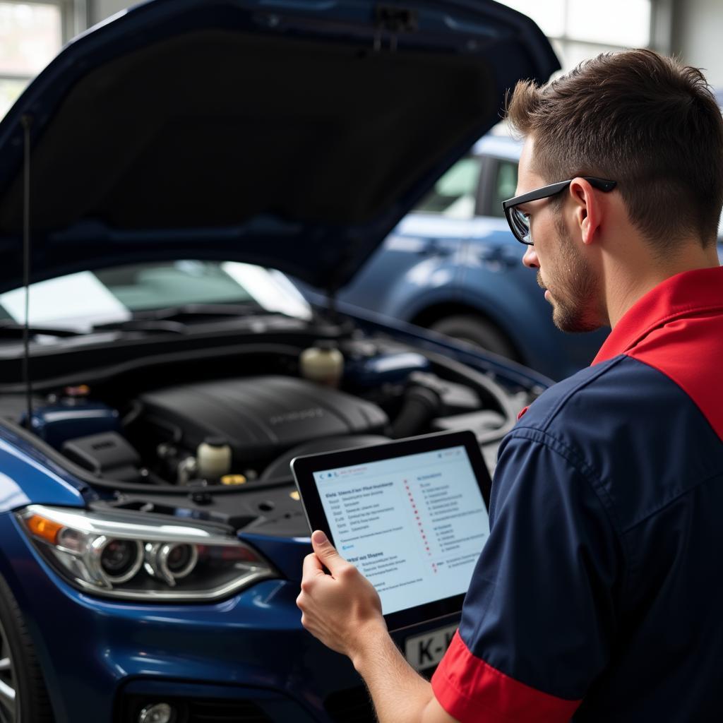 Mechanic Checking Car Engine with Digital Tablet