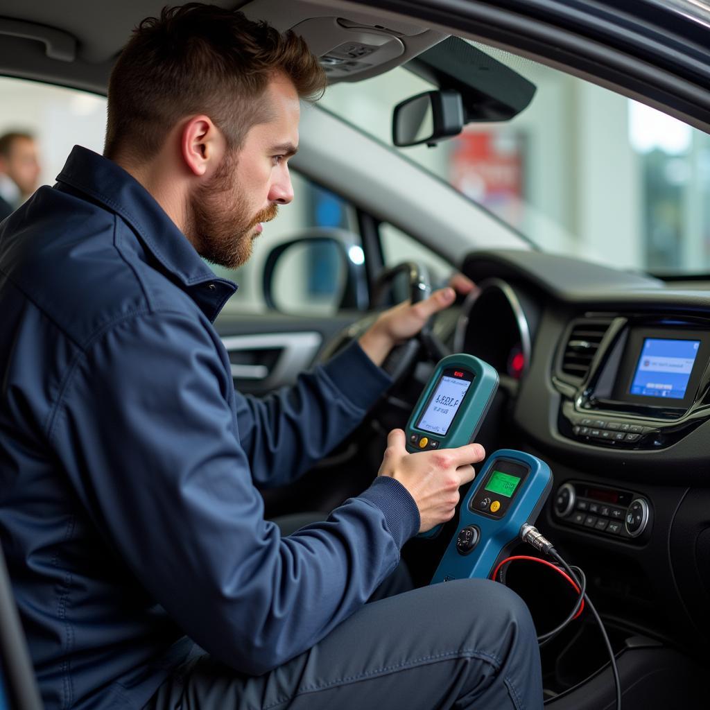 Mechanic Diagnosing Car AC Issue