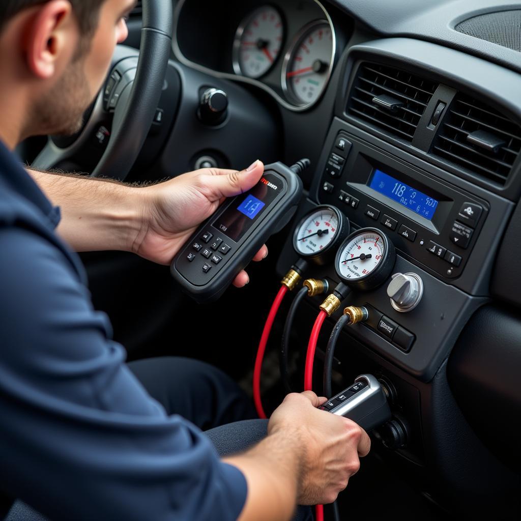 Mechanic Diagnosing a Car AC Issue