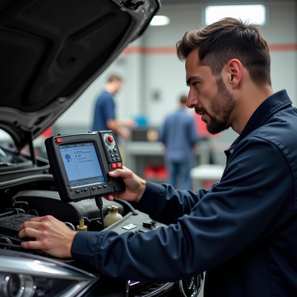 Mechanic Diagnosing Car AC Issue with Diagnostic Tool