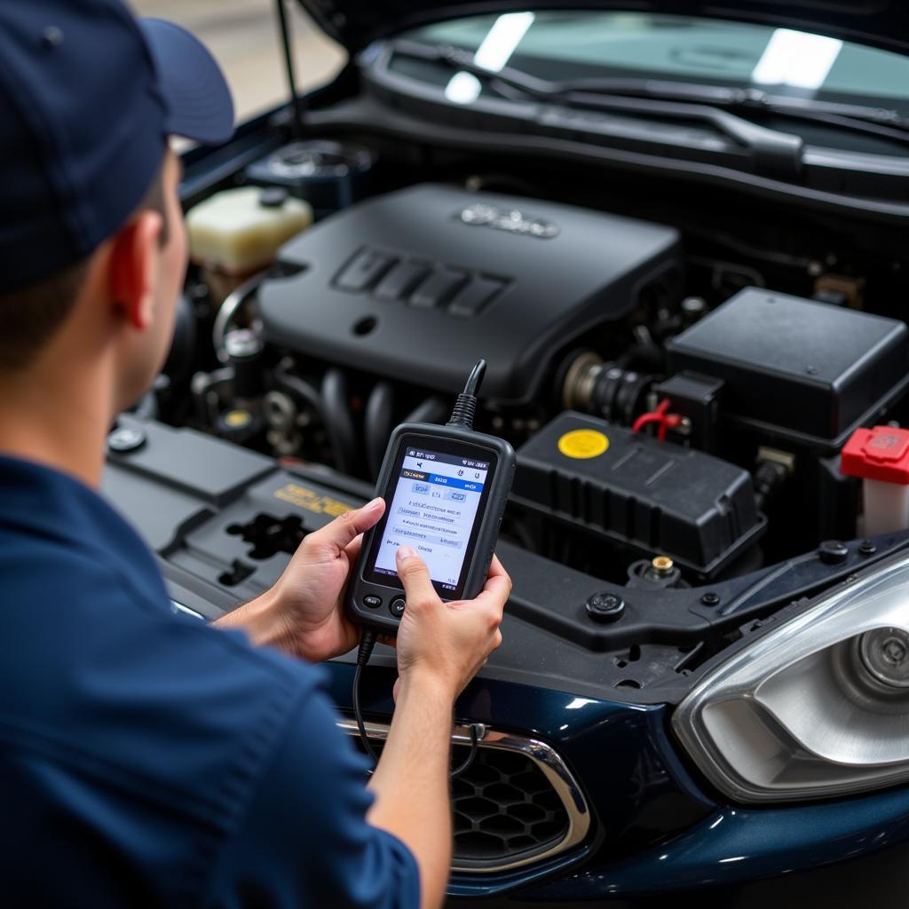 Mechanic Diagnosing Car Electrical Issue with Diagnostic Tool