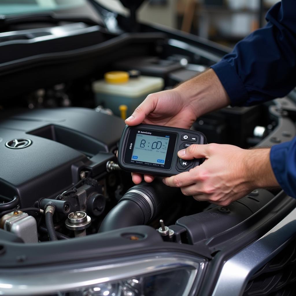 Mechanic Diagnosing Car Problem Using Diagnostic Tool