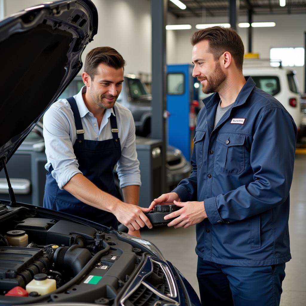 Mechanic explaining car issue to a car owner