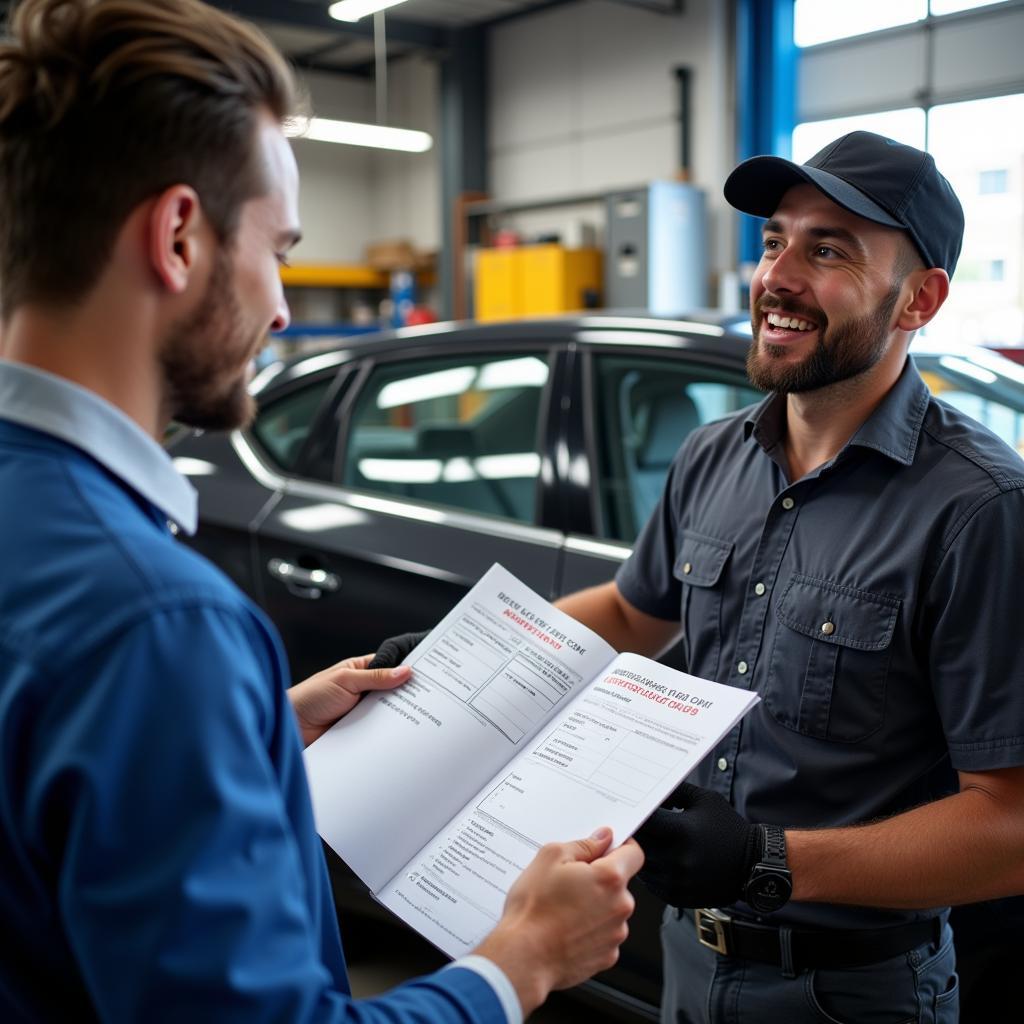 Mechanic explaining car maintenance using a form to the car owner