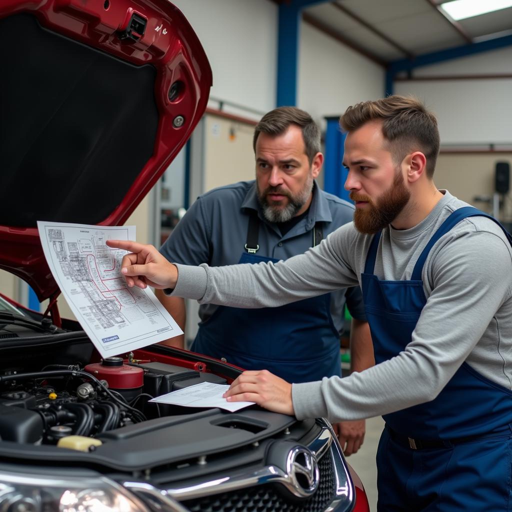 Mechanic explaining engine issue to car owner