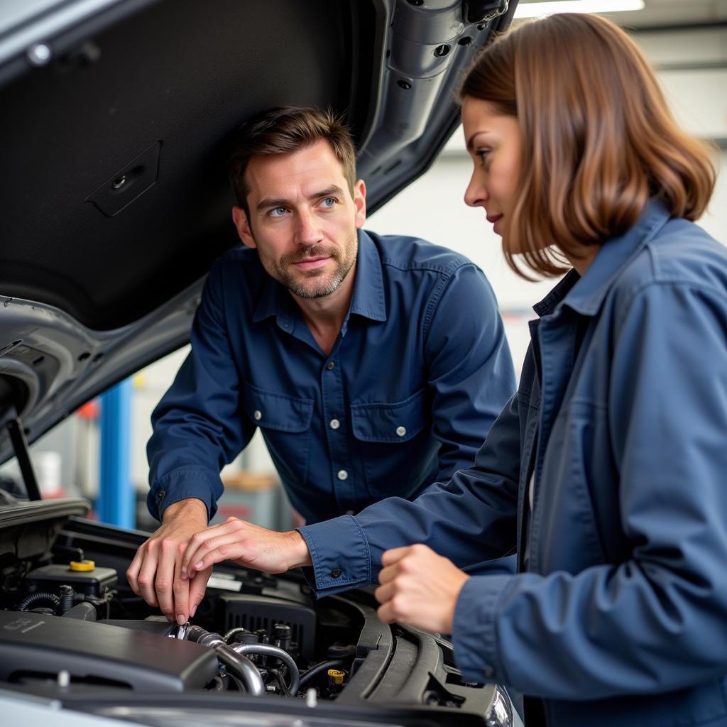 Mechanic showing car owner the engine issue