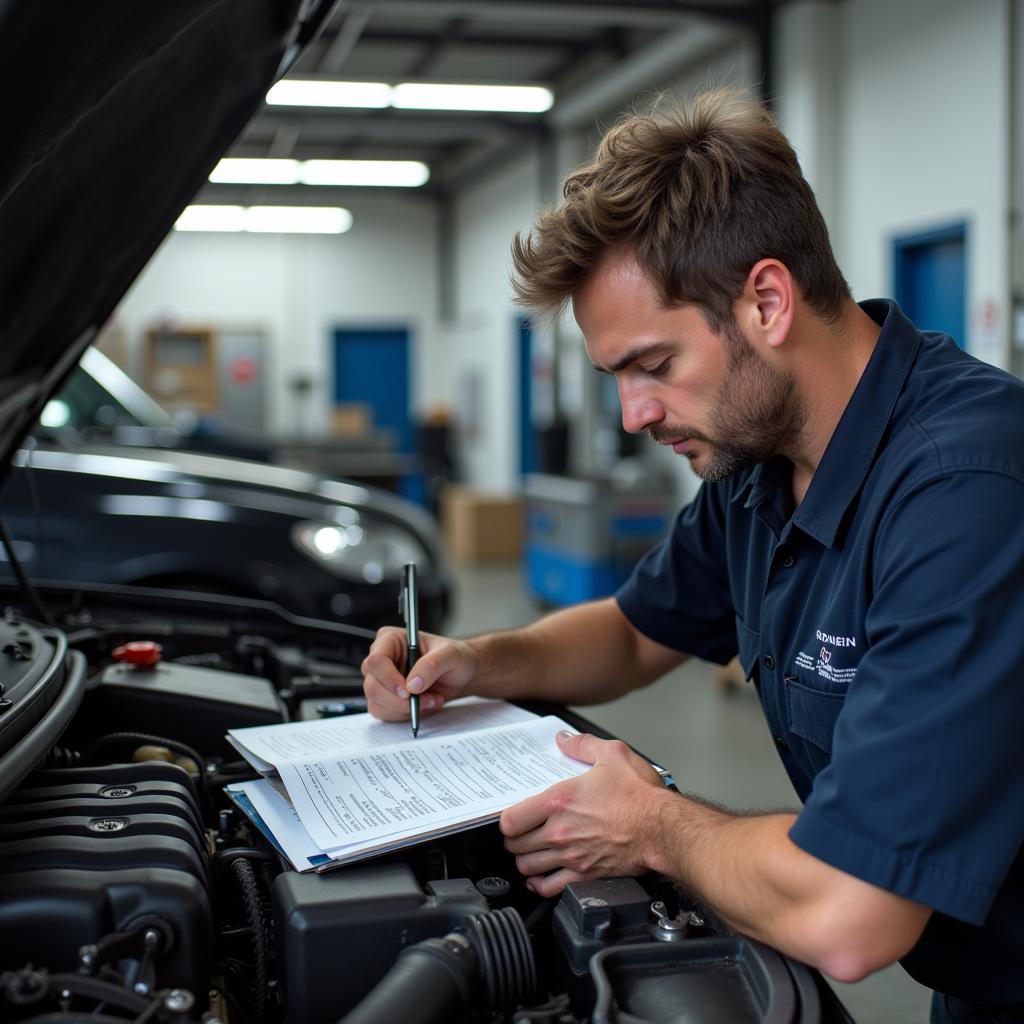 Mechanic Completing a Car Maintenance Form in a Garage