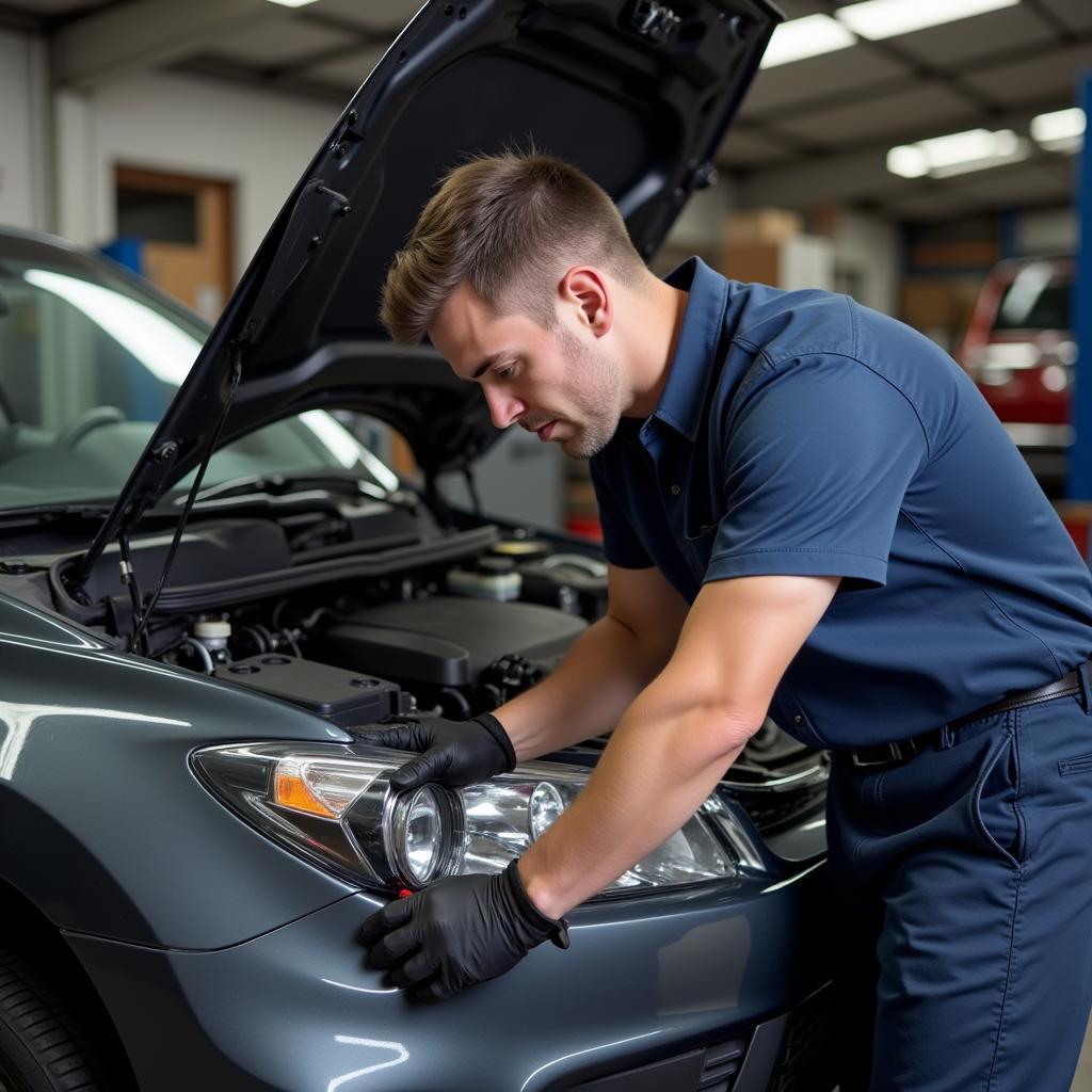 Mechanic Fixing Car AC Drain