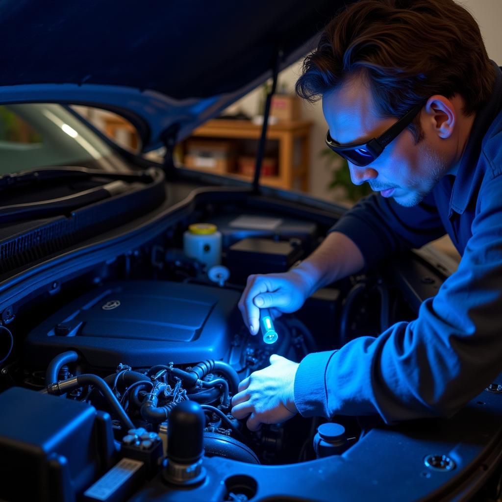 Mechanic Using UV Light to Detect AC Leak