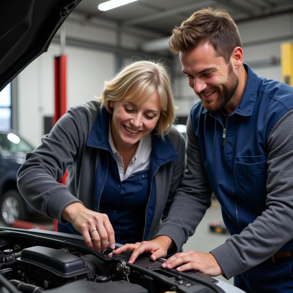 Mechanic inspecting a car for a senior citizen