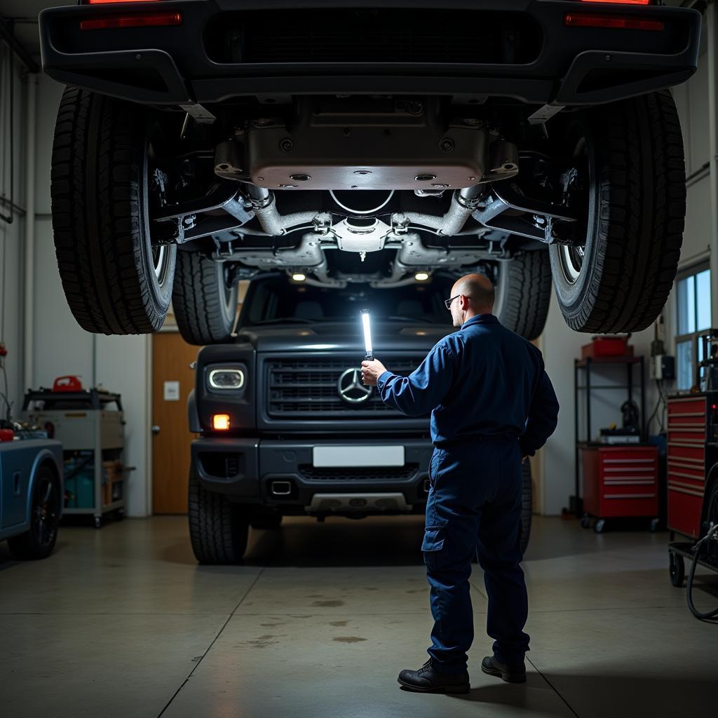 Mechanic Inspecting Armored Car Undercarriage