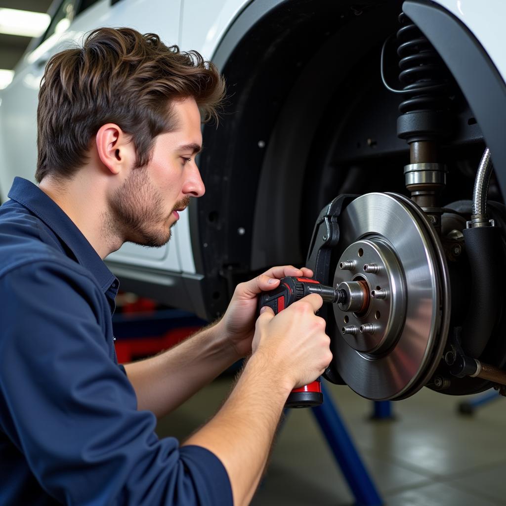 Mechanic Inspecting Brake System