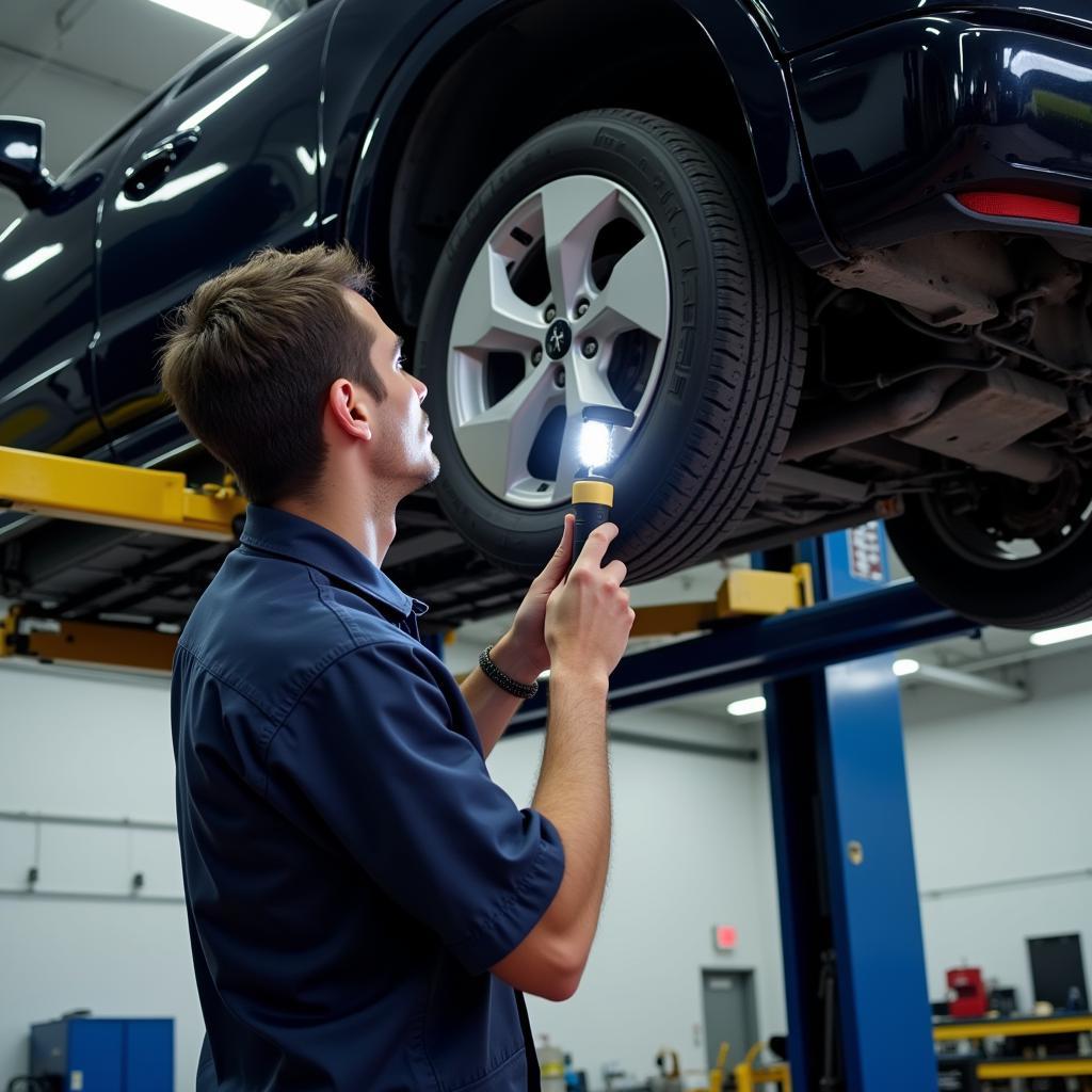 Mechanic inspecting a car in a garage