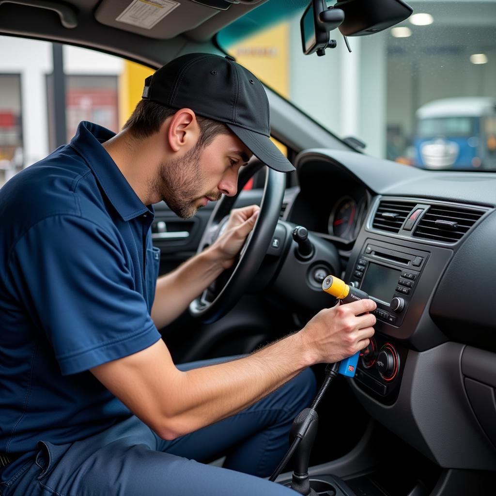 Mechanic Inspecting Car AC System