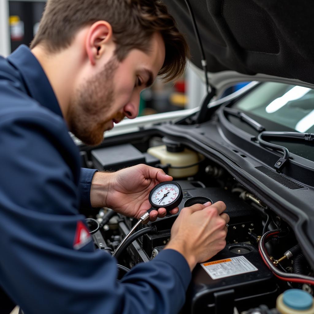 Mechanic Inspecting Car AC System