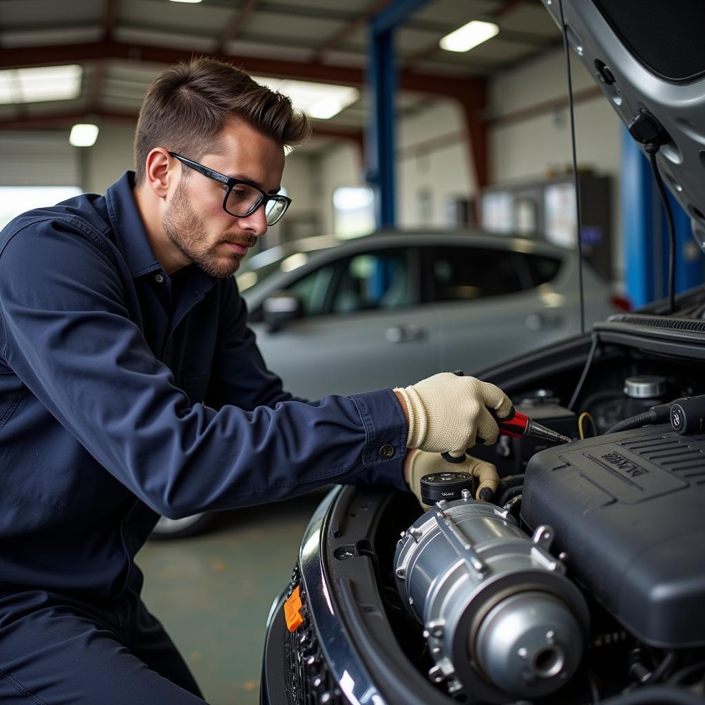 Mechanic inspecting car AC compressor