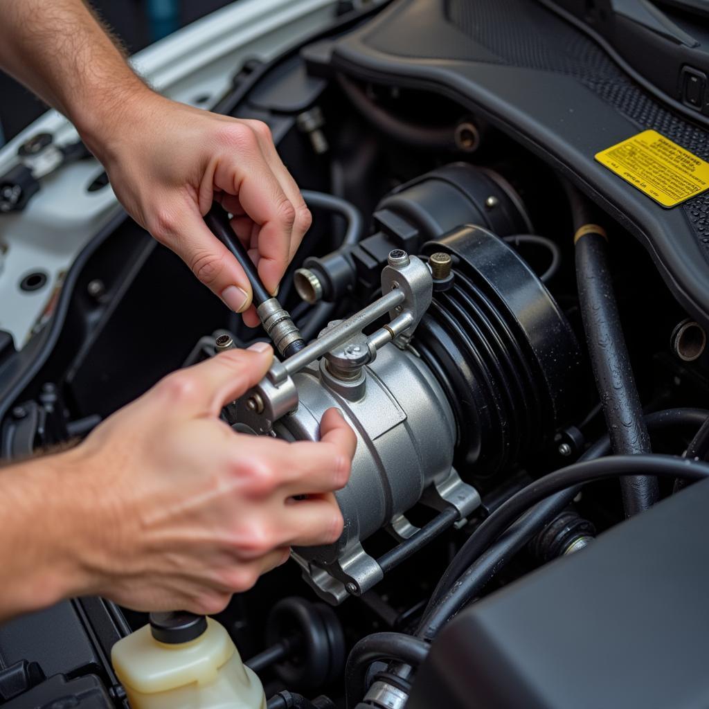 Mechanic Inspecting Car AC Compressor