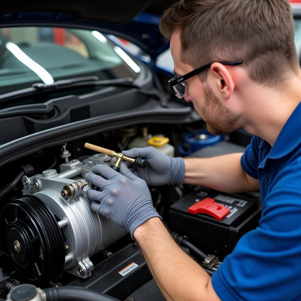 Mechanic Inspecting Car AC Compressor