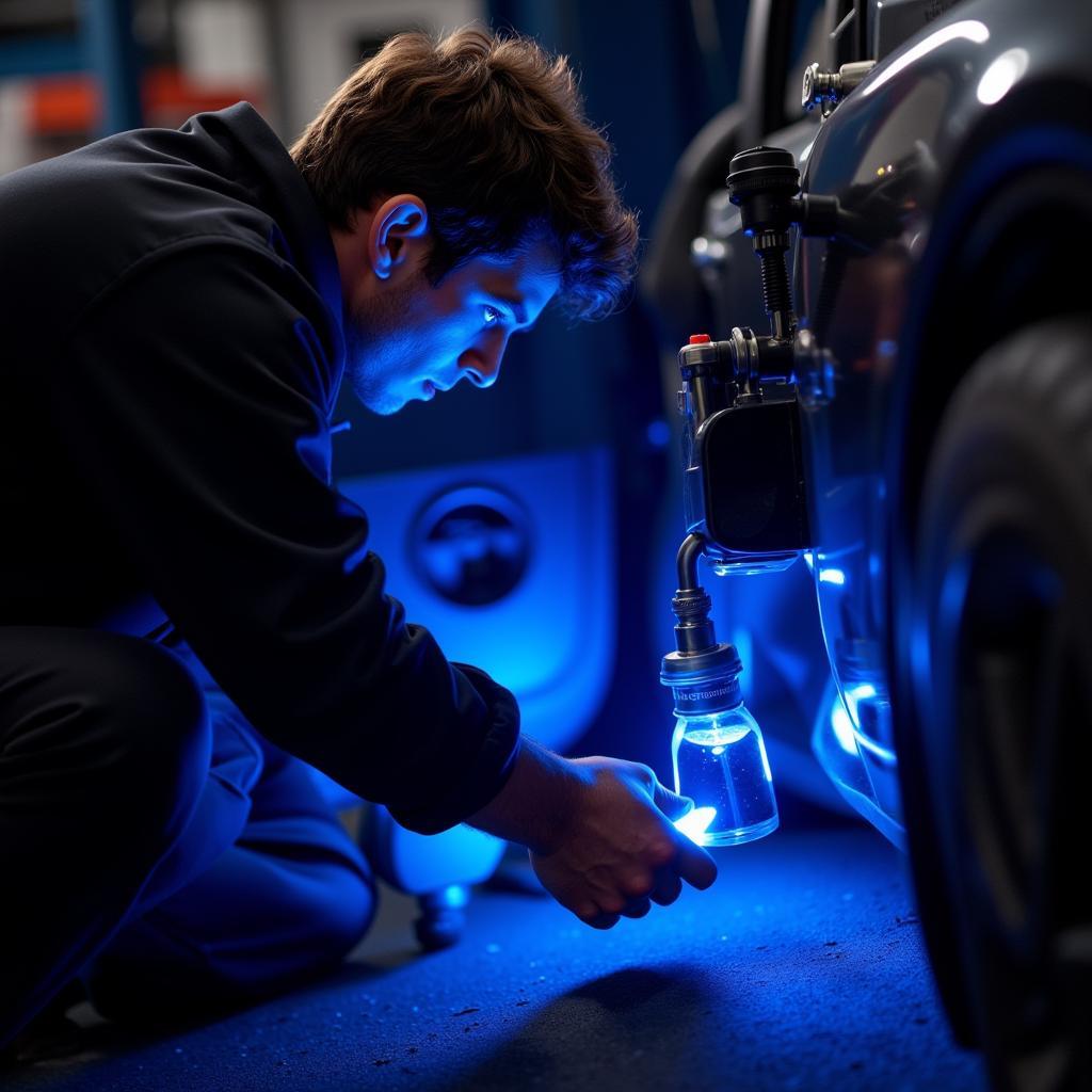 Mechanic inspecting car AC for leaks 