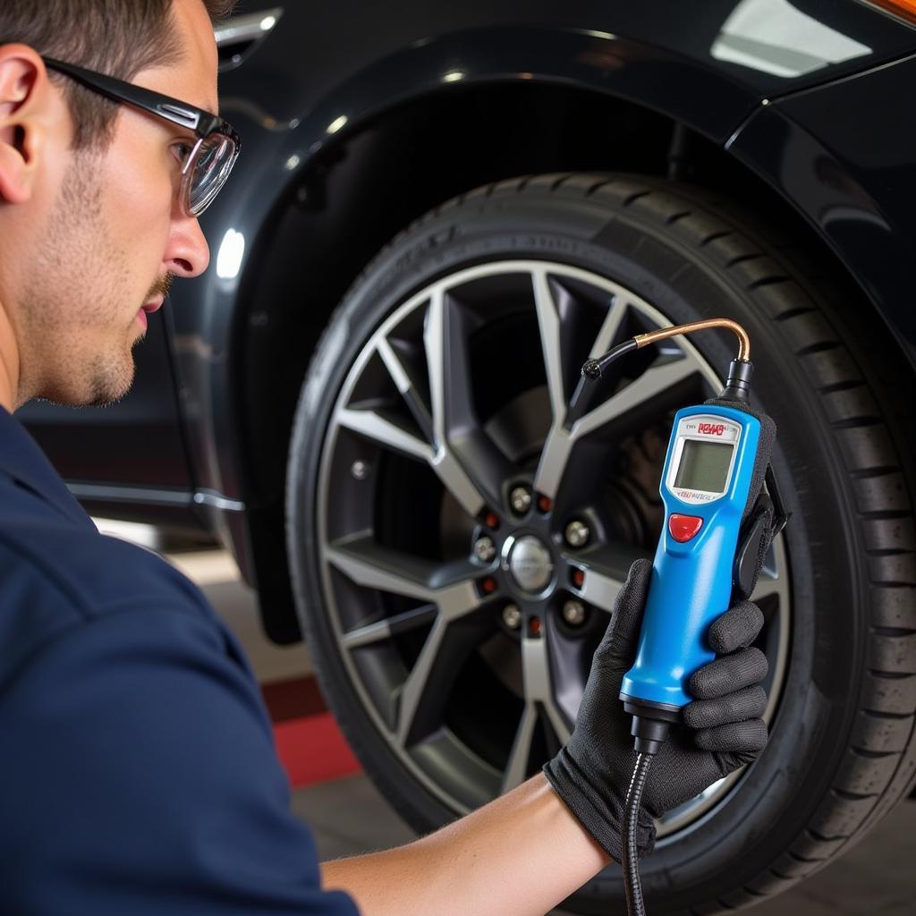 Mechanic inspecting a car AC system for leaks