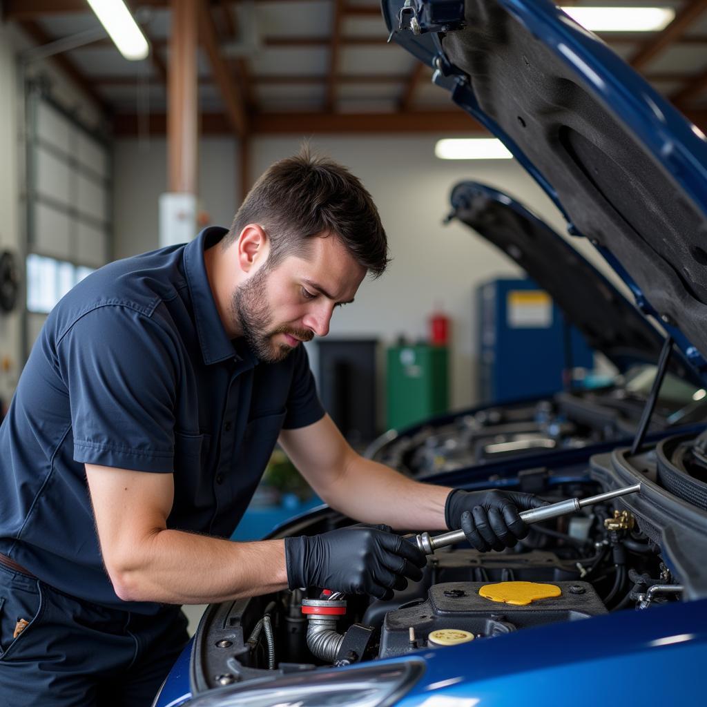 Mechanic inspecting a car's AC system for leaks