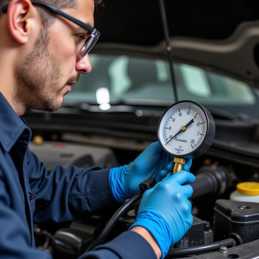 Mechanic Inspecting Car AC System