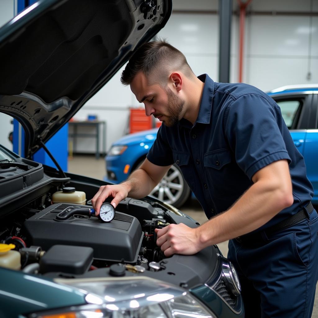 Mechanic inspecting car AC system using specialized tools.