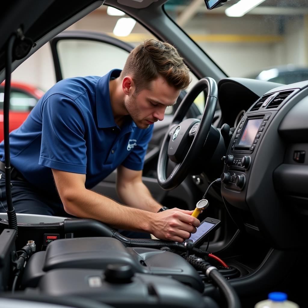 Mechanic Inspecting Car AC System