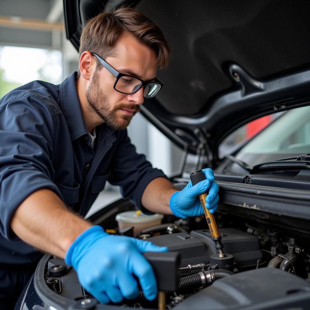 Mechanic Inspecting Car AC System