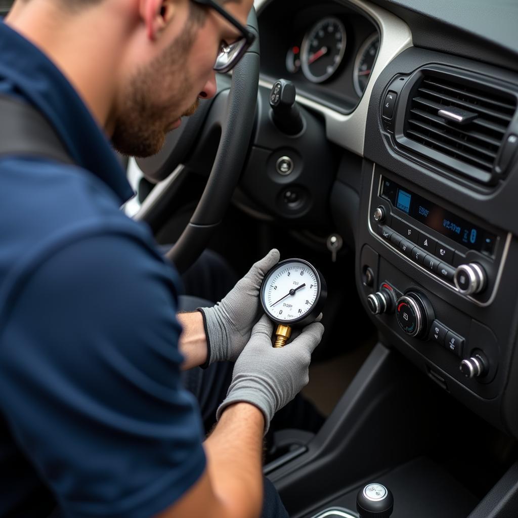 Mechanic inspecting a car's AC system