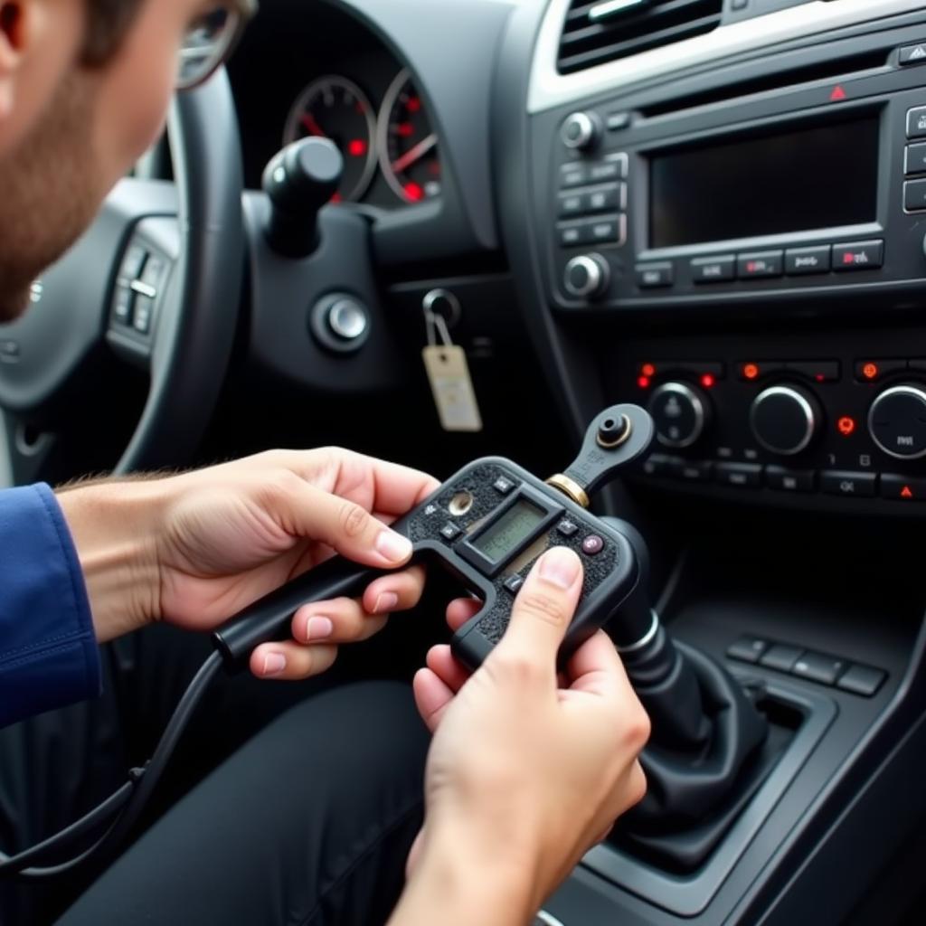 Mechanic inspecting car AC system for leaks