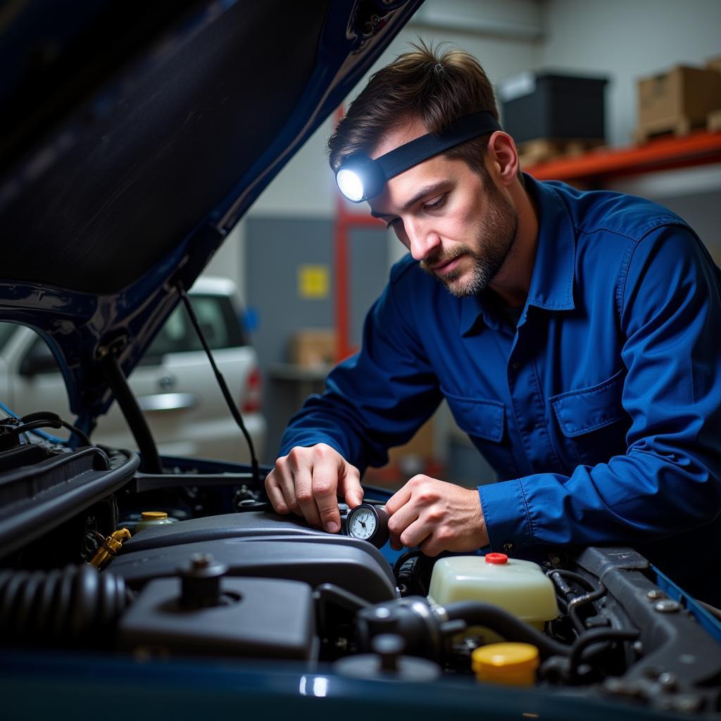 Mechanic Inspecting Car AC System