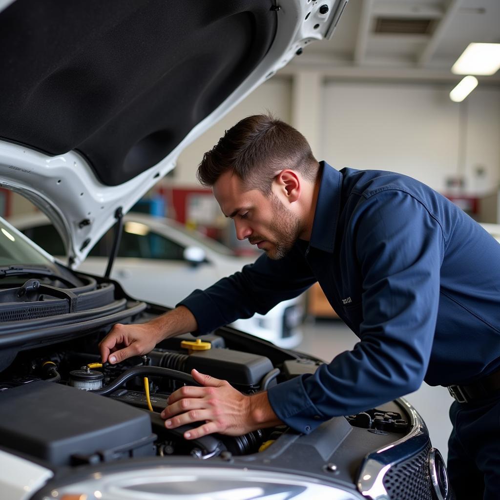 Mechanic Inspecting Car AC System