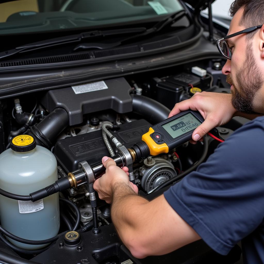 Mechanic Inspecting Car AC System