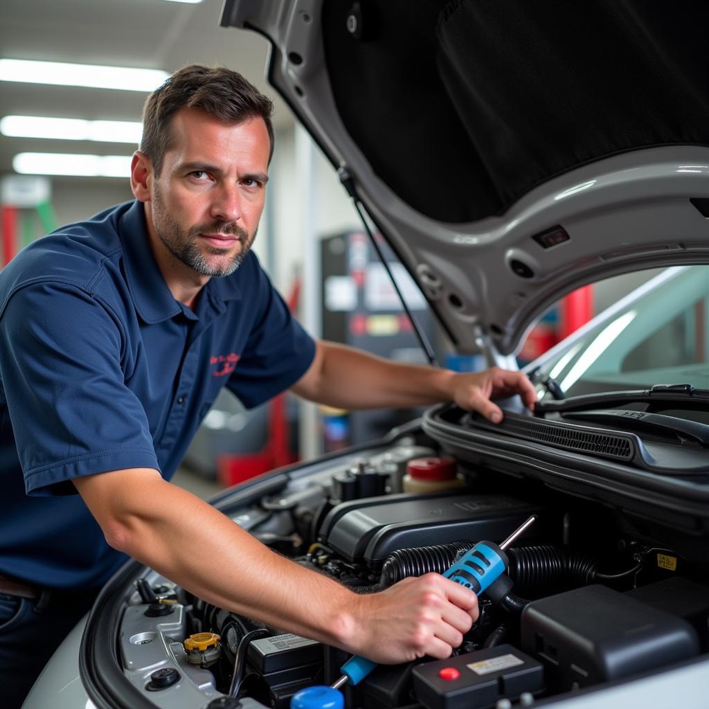 Mechanic Inspecting Car AC System