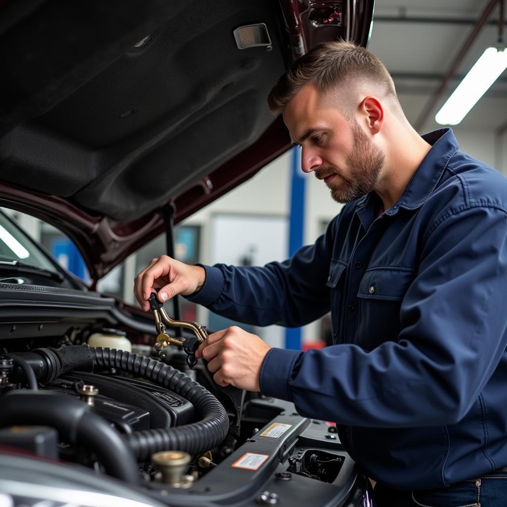 Mechanic Inspecting Car AC System