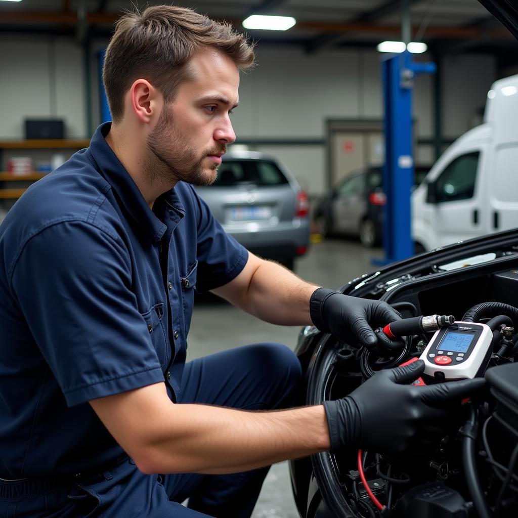 Mechanic Inspecting Car AC System