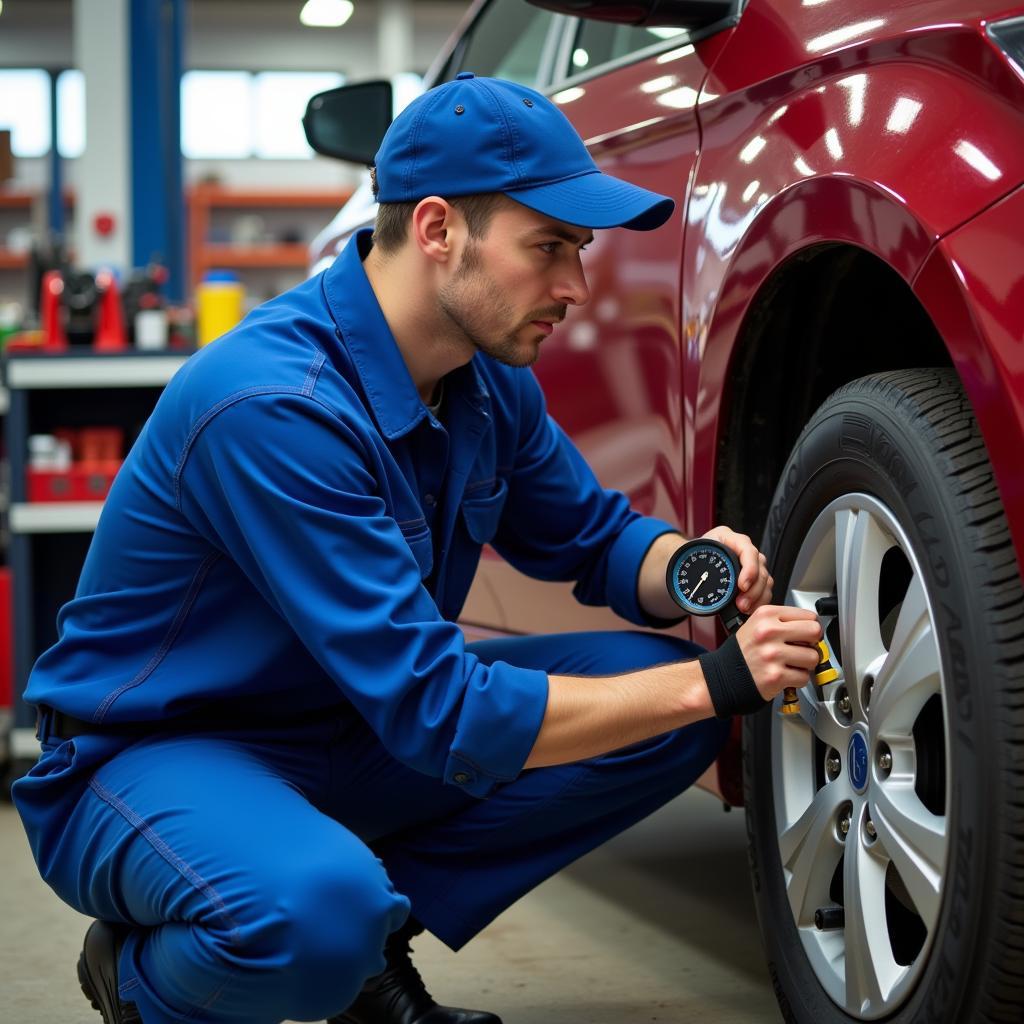 Mechanic inspecting a car AC system