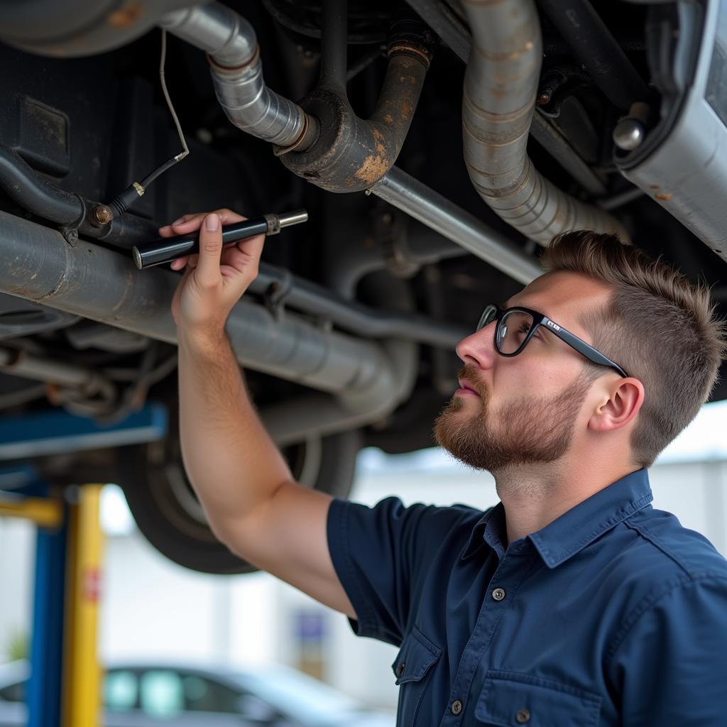 Mechanic Inspecting Car AC System for Leaks