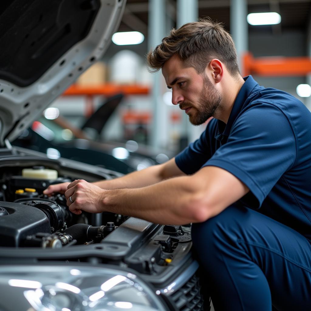 Mechanic Inspecting Car AC System